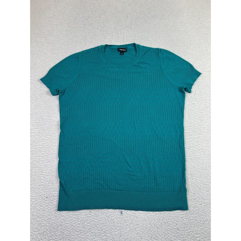 Torrid Sweater Womens 1 Teal Short Sleeve Pointelle Knit Crewneck Pullover‎ Top